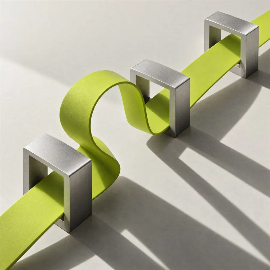 Cervo Studio sculpture: a lime ribbon threading through aluminium brackets